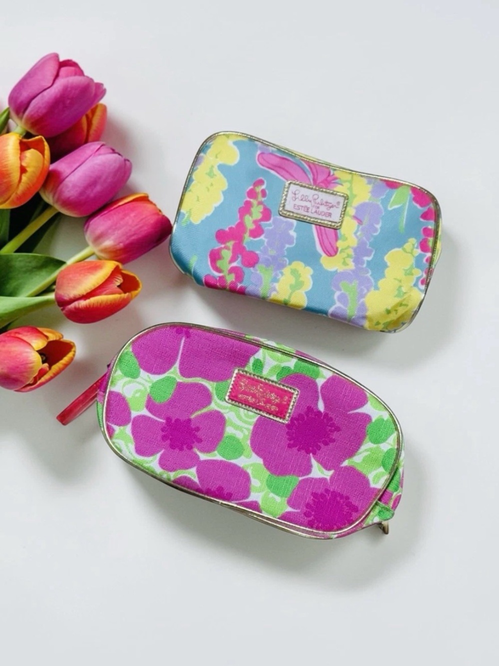Estee Lauder Floral Cosmetic Pouches - Pink, Green & Blue